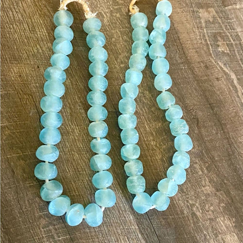 15 Inch Strand Aquamarine Extra Large African Recycled Glass From Ghana
